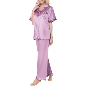 Conjunto de pijama de satén de seda para mujer, manga larga, cuello con solapa, botones, pantalones anchos en oferta - Product Image 1
