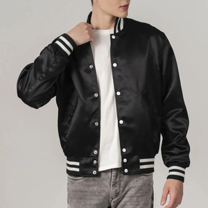 Custom Embroidered Stand Collar Satin Bomber <b>Jacket</b> for <b>Men</b> <b>Winter</b> Wear Breathable Front Pocket Windproof & <b>Waterproof</b> - Product Image 5