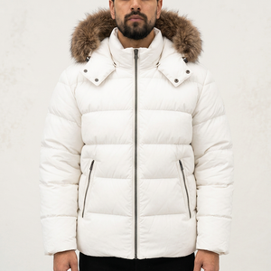 Men's <b>White</b> <b>Puffer</b> <b>Jacket</b> Hooded Fur Trim Cotton Filled Breathable Windproof Casual Winter Wear Loose Fit Zipper Closure - Product Image 2