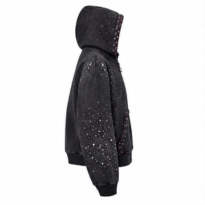 Sweat-shirt à capuche vintage noir pour homme, orné de strass, style hip-hop, à prix de gros. - Product Image 6