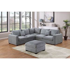 Divano Angolare LAF RAF in Corduroy, Colore Nebbia, Set 4 Pezzi con Pouf a Cuneo per Arredamento Soggiorno - Product Image 1