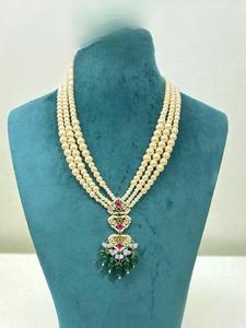Magnifique ensemble de collier en laiton plaqué or de haute qualité, aspect perle, style Ahemdabadi Kundan, pour femmes, cadeau pour mariage et soirée - Product Image 4