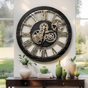 Horloge murale ronde vintage en bois d'orme industriel avec engrenages, art steampunk en cuivre et fer forgé par Aqudus Saleem 60x60x6 cm - Product Image 5
