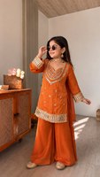 Conjunto de Salwar Dupatta Bordado TENNECY para Niñas, Estilo Tradicional Indio Pakistaní, Largo Regular, Corte Regular, Seda Chinon