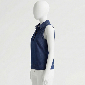 เสื้อเชิ้ตแขนกุดผ้ายีนส์สีเข้มสำหรับผู้หญิง ยี่ห้อ Harry Johnson Production คอปกติดกระดุมด้านหน้า แบบเรียบง่าย สไตล์ลำลอง สำหรับฤดูร้อน - Product Image 4