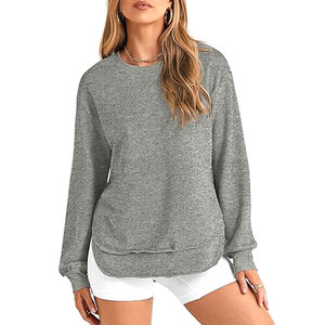 Sudadera de cuello redondo para mujer, manga larga, con aberturas laterales, informal, de color liso, holgada, cómoda y acogedora para uso diario - Product Image 2