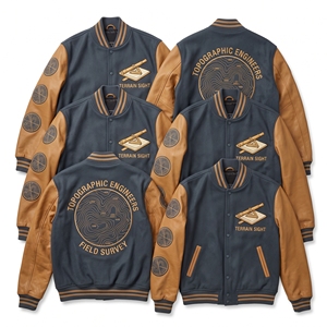 Chaqueta universitaria al por mayor azul pizarra con cuerpo de lana y mangas de cuero color canela, bordado topográfico de ingenieros, topografía de campo, Alidade, Letterman - Product Image 1