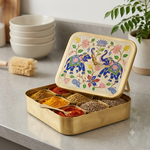 Handcrafted Brass Masala Box with Elephant Meenakari <b>Art</b> Decorative Spice <b>Storage</b> Container for Kitchen Dining Table Gift Use - Product Image 4