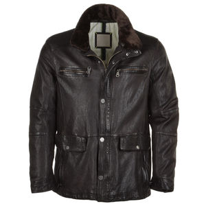 Chaqueta de Cuero Genuino para Hombre con Cuello de Piel Sintética, Estilo Motociclista, Resistente al Viento, Ropa de Invierno, Corte Regular, Cierre de Cremallera - Product Image 1