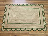 Tapis d'intérieur festonné en jute naturelle tissé à la main, bordure verte, style farmhouse bohème, pour salon, chambre, entrée, taille personnalisée