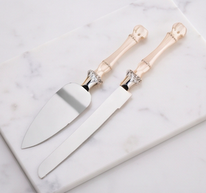 Ensemble de 2 spatules à gâteau et couteau dentelé avec manche en cristal, couleur or champagne, outils de découpe pour desserts - Product Image 1