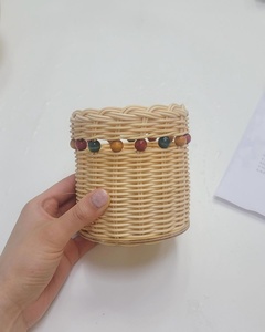 Portalápices de Ratán Hecho a Mano, Organizador de Escritorio Vintage de Mimbre, Contenedor de Papelería con Cuentas de Madera para Escritorio y Escuela - Product Image 1