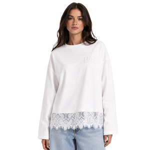 Camisa de manga larga para mujer, 100% algodón premium, con ribete de encaje, corte holgado, informal, con abertura lateral, blusa con bordado tonal personalizado. - Product Image 1