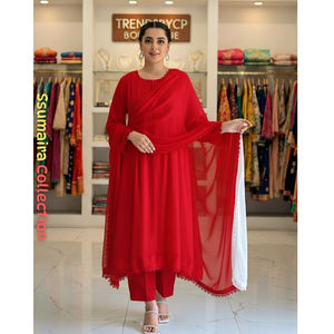 Ensemble de costume Anarkali blanc de qualité supérieure – Tenue de soirée 3 pièces en mousseline de soie cousue avec détails en dentelle - Product Image 4