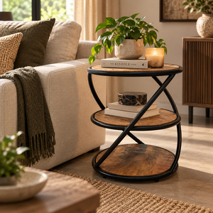 Table basse ronde en bois de style industriel vintage avec cadre en métal et rangement à deux niveaux pour le salon - Product Image 1
