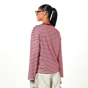 T-shirt rayé pour femme en coton 100% écologique, coupe ample, manches longues, style décontracté, design tendance, idéal pour l'été - Product Image 2