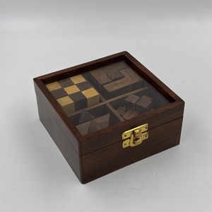 Ensemble de 4 puzzles en bois artisanaux en bois de rose indien, jeux de réflexion, boîte cadeau avec couvercle en verre, qualité supérieure - Product Image 2