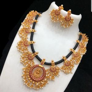 Nagas Black Thread Style Matte <b>Necklace</b> Set with <b>Ruby</b> Stone and Pearls - Product Image 1
