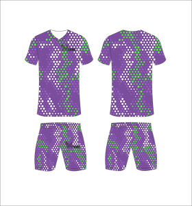 Ensemble d'uniformes de football personnalisés sublimés, motif graphique à pois violet et lime, respirant, séchage rapide, maillot de football d'équipe, shorts pour hommes - Product Image 1