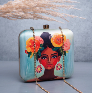 Fashion Floral Girl Portrait Clutch Light Blue Metal <b>Frame</b> Hard Case Satin Fabric Outer Raw Silk Inner Decorative Lock - Product Image 1