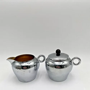 Sucrier et crémier en métal rond, design classique, surface brillante, résistant à la rouille, avec couvercle et poignée - Product Image 1