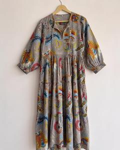 OEM New Boho Floral Print Maxi <b>Dress</b> With Puff Sleeves <b>Loose</b> Fit O-Neck Breathable Cotton Casual Women <b>Dress</b> Spring Style - Product Image 5