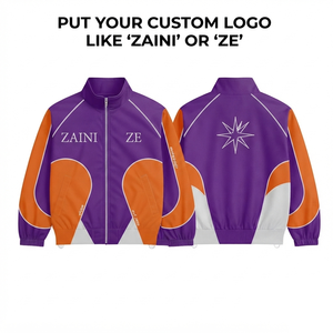 Veste coupe-vent pour femme en microfibre de polyester premium 120 GSM, avec empiècements color block violet, orange et blanc, logo personnalisé par sublimation - Product Image 1