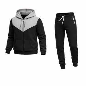 Men’s Black Grey Contrast Hoodie Tracksuit Slim Fit <b>Zip</b> <b>Up</b> <b>Jacket</b> Jogger Pants Casual Sportswear Gym Fitness Outfit Set - Product Image 1
