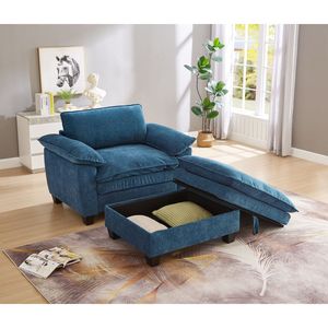 Chaise longue imbottita oversize da 51 pollici in morbido ciniglia blu con poggiapiedi e contenitore - Product Image 1