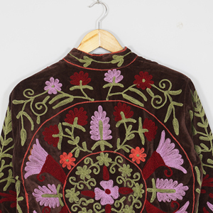 Women Velvet Embroidered <b>Jacket</b> Mandarin Collar Floral Boho Style Autumn Coat Handmade Suzani <b>Pattern</b> Full Sleeve - Product Image 4
