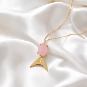 Fish Gemstone Pink Chalcedony Pendant 18k Gold Plated Brass Oval Egg Cabochon Shape Punk Buddhism Fashion Jewelry - Product Image 1