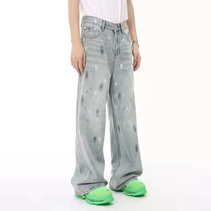 Men's Wide Leg Denim Jeans High Waist Loose Fit Sand Washed Tie Dye Dot Pattern Streetwear Style Summer Cotton Fabric - Product Image 3