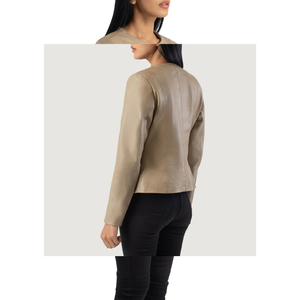 Chaqueta de cuero genuino beige para mujer, cuello redondo, cremallera, manga larga, abrigo minimalista - Product Image 2