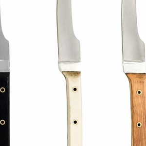 Tres cuchillos delgados para deshuesar con hojas curvas plateadas, mangos negros, blancos y marrones naturales, y empuñaduras remachadas para el recorte de carne. - Product Image 5
