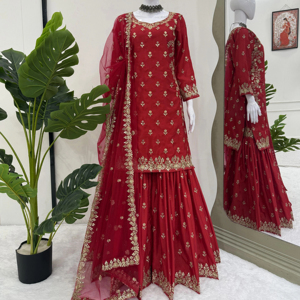 New Arrival Designer Chinon Silk Sharara Set Soft Butterfly Net Dupatta With 4 Side Lace Border Traditional Festive Wear - Product Image 1