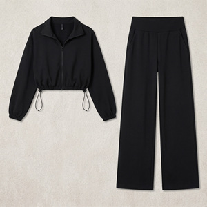 OEM Customized <b>Crop</b> <b>Top</b> Zip-Up Jacket Two Piece Joggers Set Hoodies Adjustable Waist Drawstrings Cropped Cut Elegant Casual Chic - Product Image 3