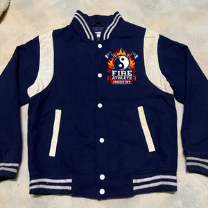 Custom <b>Jacket</b> Letterman Varsity Bomber <b>Jacket</b> Cream Real Leather Arms Navy Blue Wool~L - Product Image 3