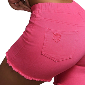 Womens Casual Hot Pink Denim Shorts <b>Elastic</b> Mid <b>Waist</b> Skinny Fit Drawstring Ripped Distressed Raw Hem Streetwear Fashion <b>Jeans</b> - Product Image 4