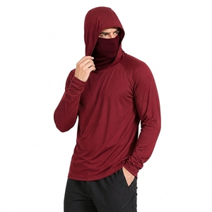 Men's UPF 50 Quick Dry Hooded <b>Long</b> <b>Sleeve</b> Performance Shirt Solid Color <b>Red</b> Polyester Fishing Wear - Product Image 4