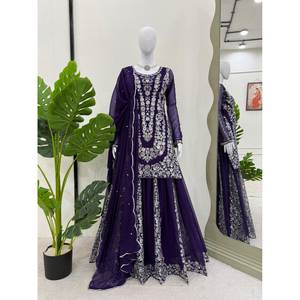 Party Wear Top-Bottom y Dupatta Set XL Tamaño con hilo y trabajo de secuencia - Product Image 5