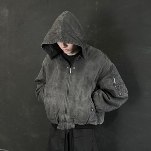 Chaqueta Bomber con Capucha de Lona Lavada para Hombre, Estilo Oversize, Lavado Ácido, Vanguardista, Darkwear, Streetwear, Prenda Exterior - Product Image 3
