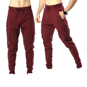 Pantalones Deportivos Cargo Color Granate para Hombre, Cintura Elástica con Cordón, Múltiples Bolsillos, Joggers Casuales, Mezcla de Poliéster y Algodón de Peso Medio, Ropa de Otoño - Product Image 1