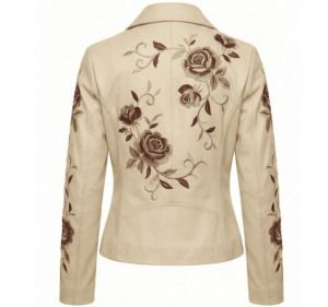 Chaqueta de Motocicleta de Cuero Genuino para Mujer con Bordado Floral, Cierre de Cremallera en Manga Larga, Cuello Camisero, Estilo Otoñal - Product Image 4