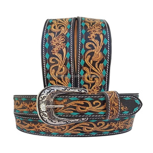 Hecho en India, cinturón de herramientas de cuero occidental curtido vegetal de grano completo a la moda para hombres con relieve floral tallado a mano - Product Image 5