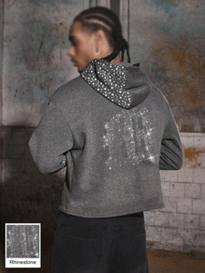 Unisex Cropped Fleece Hoodies <b>For</b> Men's Rhinestone Back Graphic Contrast Sleeve Street wear Pullover Custom Bulk Supply USA - Product Image 5