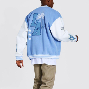 <b>Men's</b> Light <b>Blue</b> Varsity Jacket Front Embroidered LA MA Preppy Style Regular Fit Stand Collar Reversible Eco-Friendly Polyester - Product Image 2