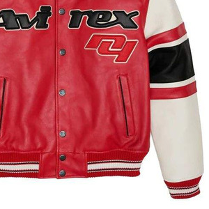 Avirex Men's Red PU <b>Leather</b> Varsity <b>Jacket</b> with Black and White Striped Sleeves Turn-down Collar Button Closure Casual Autumn - Product Image 6