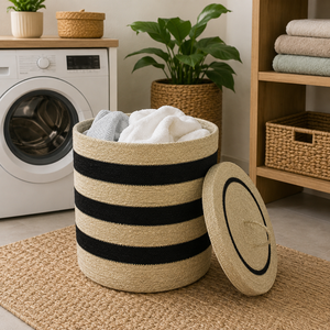Cesta de Almacenamiento de Fibra Natural de Pasto Marino con Tapa y Asas para Organización de Ropa, Contenedor de Estilo Nórdico Moderno, Ecológico para el Hogar - Product Image 3
