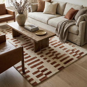 Tapis en laine tufté à la main, motif abstrait, écologique, épais, couleur crème et rouille, pour salon - Product Image 1