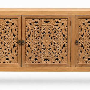 Handcrafted Solid Wood Carved <b>Sideboard</b> Cabinet with 3 Ornate Floral Doors, <b>Rustic</b> Boho Indian Style Buffet Storage Furniture - Product Image 4